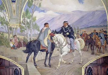 El encuentro entre Giuseppe Garibaldi (1807-82) y el rey Víctor Manuel II (1820-78) el 26 de octubre de 1860 en Teano, Italia, detalle de los dos líderes estrechándose la mano, 1886